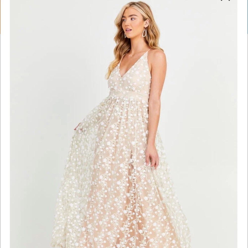 Altar’d State Size M full length beige, gold and white floral dress.